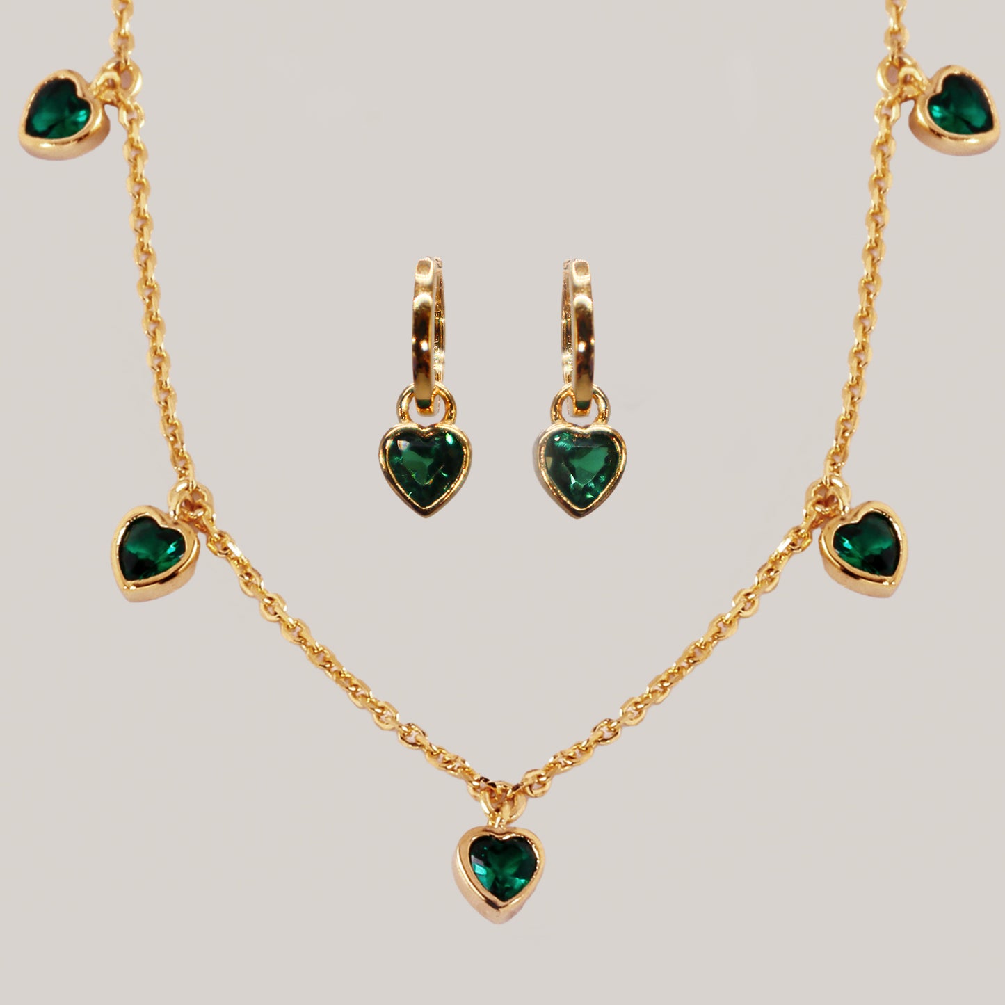 Green Heart Station Necklace & Earring Set